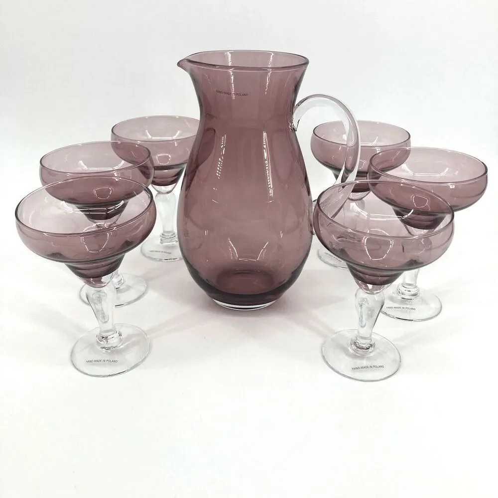 Poland Amethyst Purple Blown Glass Pitcher 6 Margarita Glasses Handmade Barware